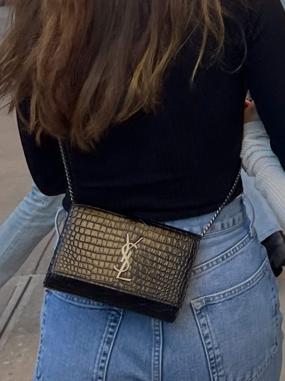 Saint Laurent Black Croc-Embossed Crossbody Wallet with Chain